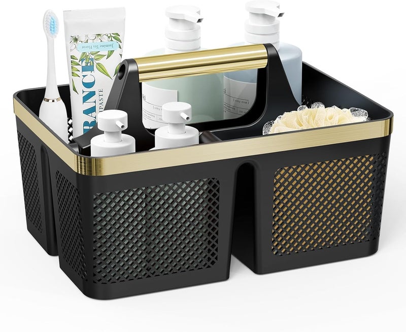 BYUNER Shower Caddy Dorm Men: Plastic Bathroom Caddy Organizer with Handle and Holes, Bath Caddy for College Dorm, Portable Shower Basket Tote for Toiletry, Travel, GYM, Camp Essentials Black/Gold - Image 1